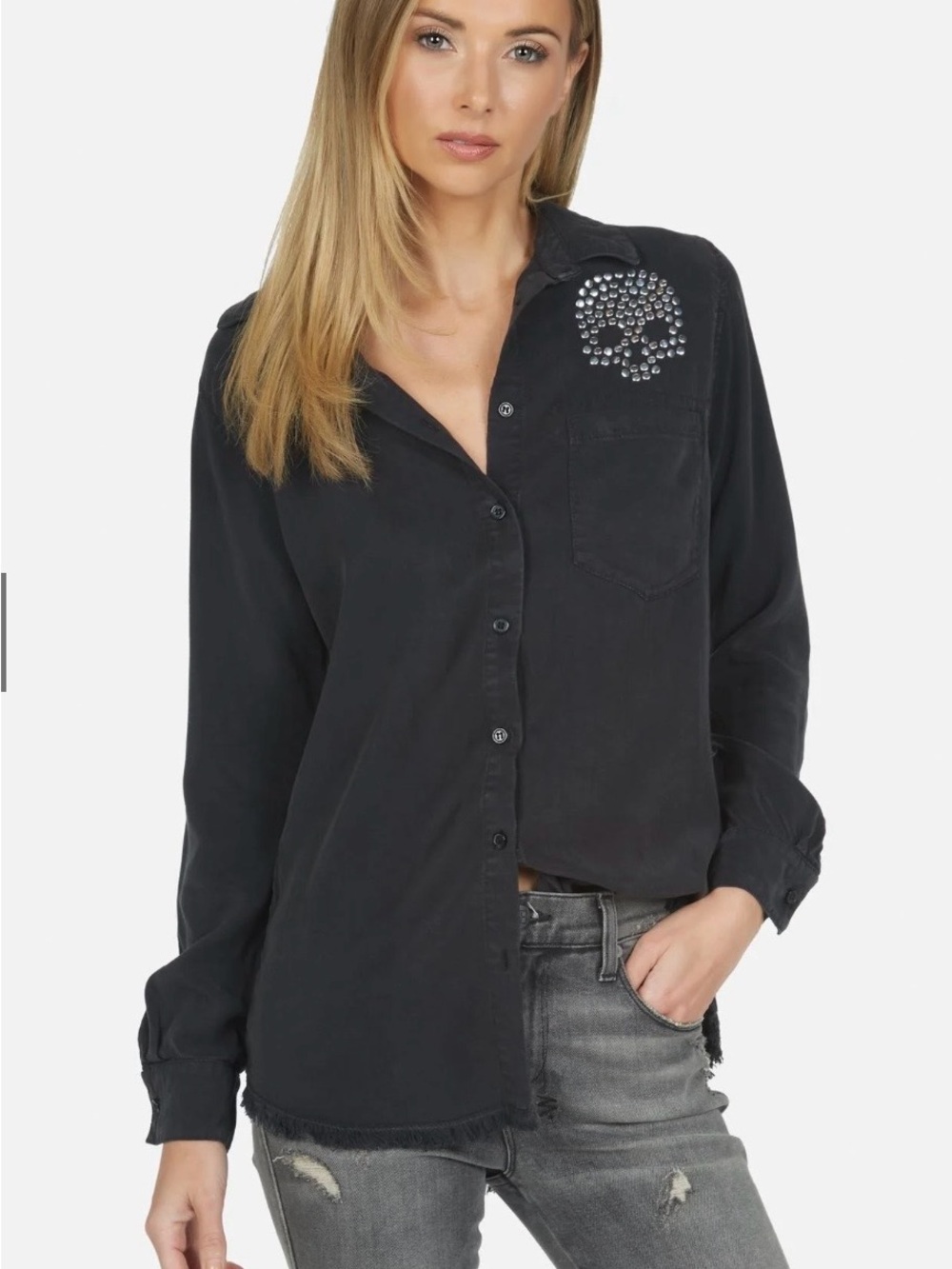 Lauren Moshi Black Button-Down Shirt with Studded Skull. NWT.  Size Medium